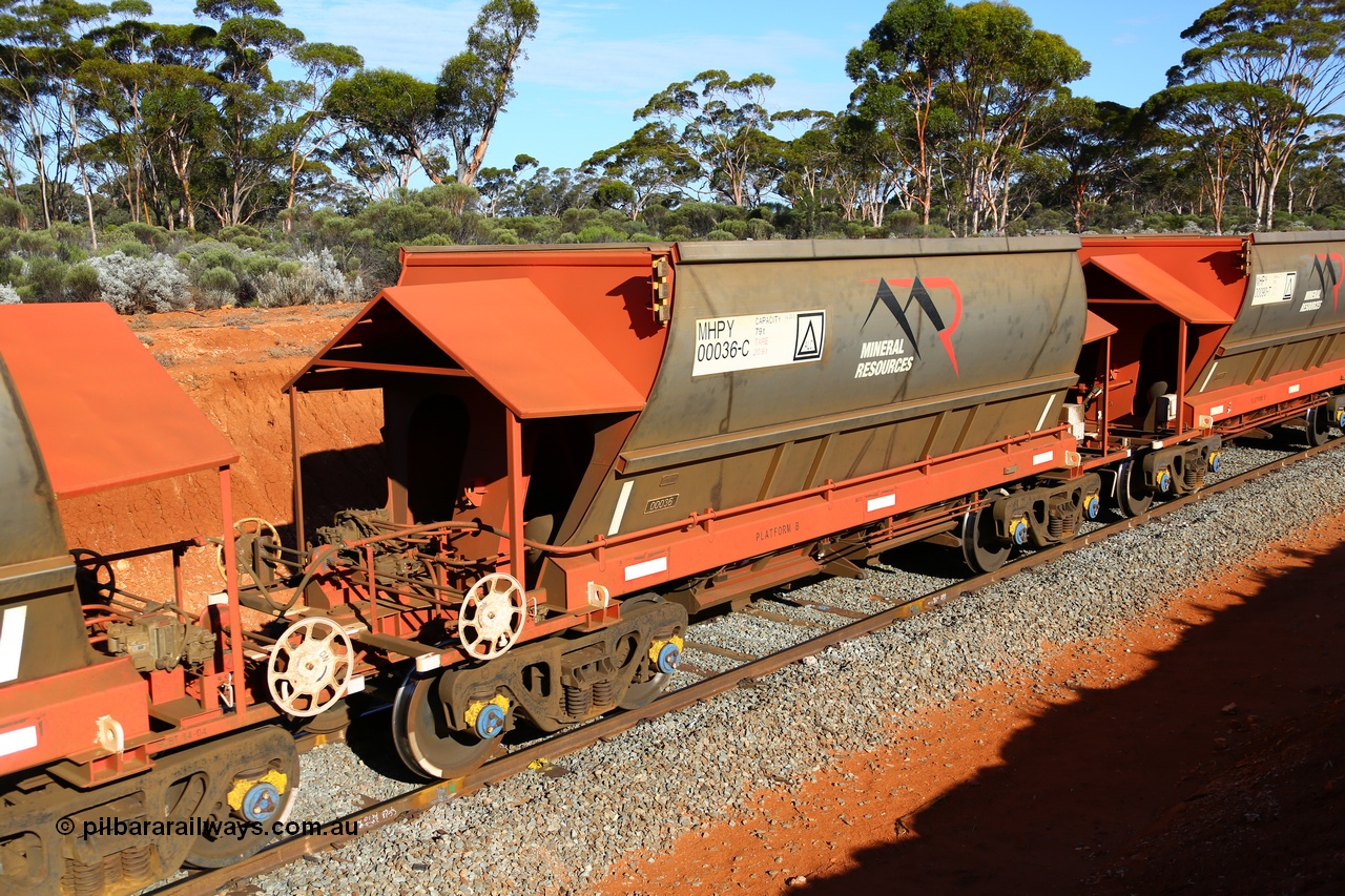 190109 1654
Binduli, Mineral Resources Ltd empty iron ore train 4030 with MRL's MHPY type iron ore waggon MHPY 00036 built by CSR Yangtze Co China serial 2014/382-36 in 2014 as a batch of 382 units, these bottom discharge hopper waggons are operated in 'married' pairs.
Keywords: MHPY-type;MHPY00036;2014/382-36;CSR-Yangtze-Rolling-Stock-Co-China;