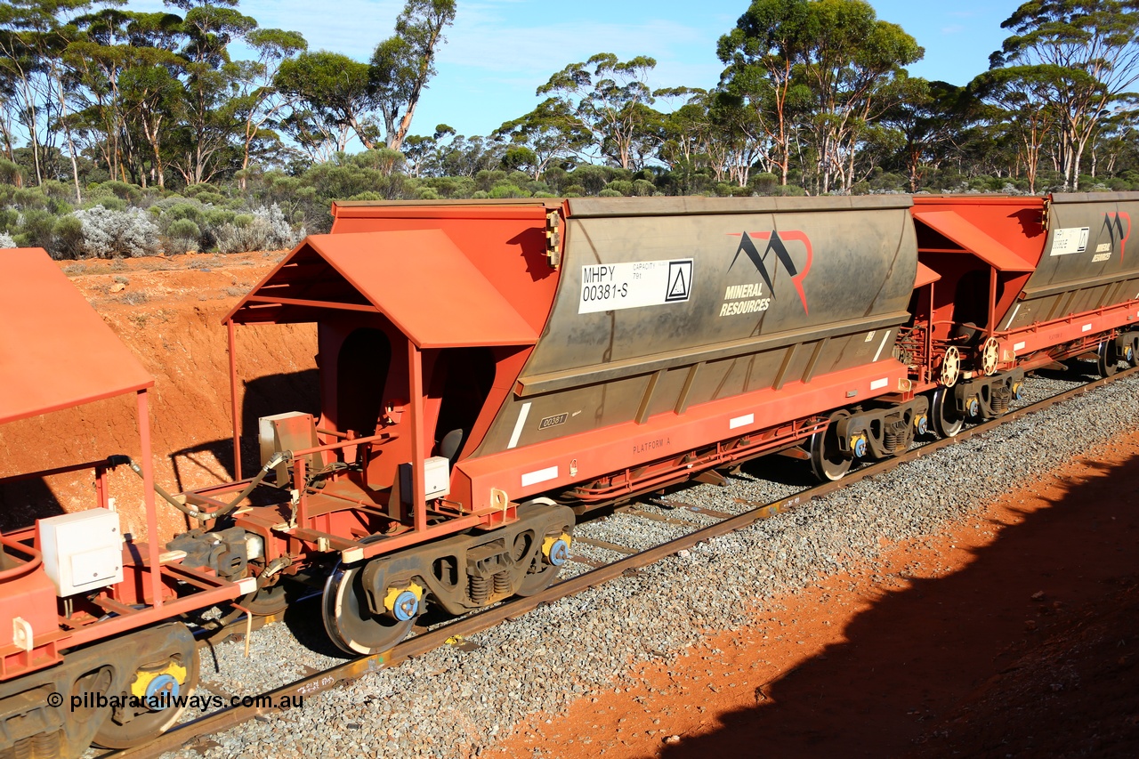 190109 1659
Binduli, Mineral Resources Ltd empty iron ore train 4030 with MRL's MHPY type iron ore waggon MHPY 00381 built by CSR Yangtze Co China serial 2014/382-381 in 2014 as a batch of 382 units, these bottom discharge hopper waggons are operated in 'married' pairs.
Keywords: MHPY-type;MHPY00381;2014/382-381;CSR-Yangtze-Rolling-Stock-Co-China;