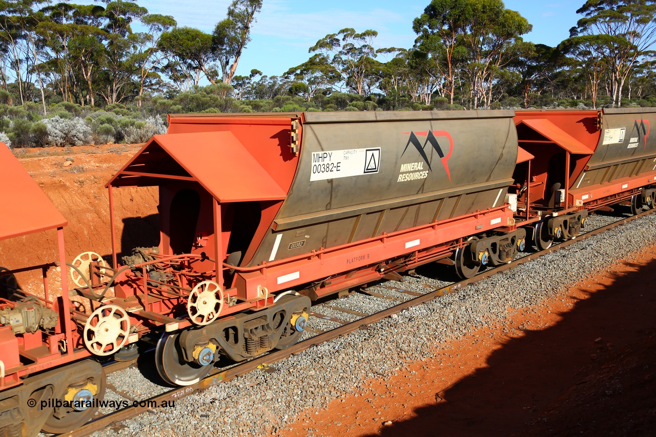190109 1660
Binduli, Mineral Resources Ltd empty iron ore train 4030 with MRL's MHPY type iron ore waggon MHPY 00382 built by CSR Yangtze Co China serial 2014/382-382 in 2014 as a batch of 382 units, these bottom discharge hopper waggons are operated in 'married' pairs.
Keywords: MHPY-type;MHPY00382;2014/382-382;CSR-Yangtze-Rolling-Stock-Co-China;