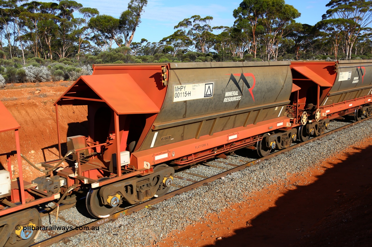 190109 1661
Binduli, Mineral Resources Ltd empty iron ore train 4030 with MRL's MHPY type iron ore waggon MHPY 00116 built by CSR Yangtze Co China serial 2014/382-116 in 2014 as a batch of 382 units, these bottom discharge hopper waggons are operated in 'married' pairs.
Keywords: MHPY-type;MHPY00115;2014/382-115;CSR-Yangtze-Rolling-Stock-Co-China;