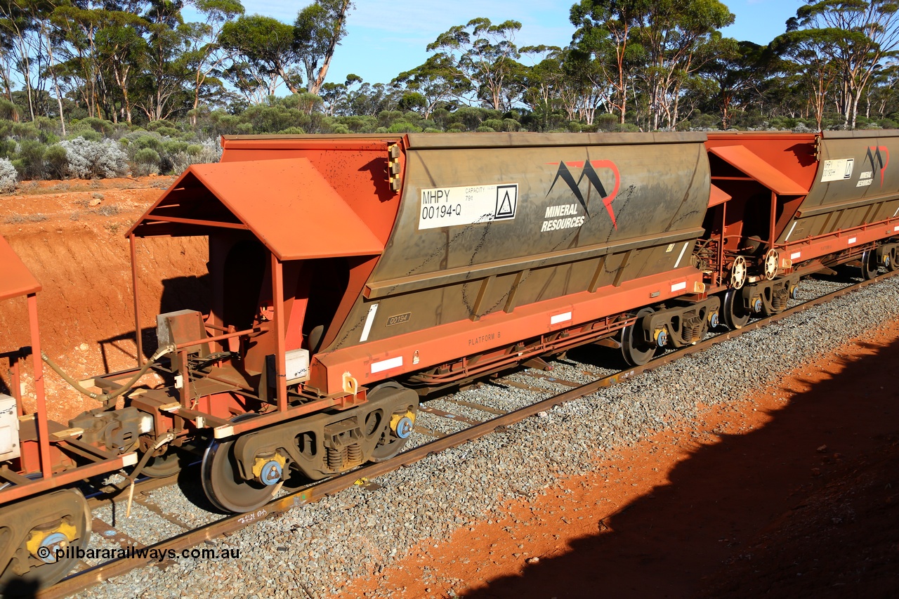 190109 1667
Binduli, Mineral Resources Ltd empty iron ore train 4030 with MRL's MHPY type iron ore waggon MHPY 00193 built by CSR Yangtze Co China serial 2014/382-193 in 2014 as a batch of 382 units, these bottom discharge hopper waggons are operated in 'married' pairs.
Keywords: MHPY-type;MHPY00194;2014/382-194;CSR-Yangtze-Rolling-Stock-Co-China;