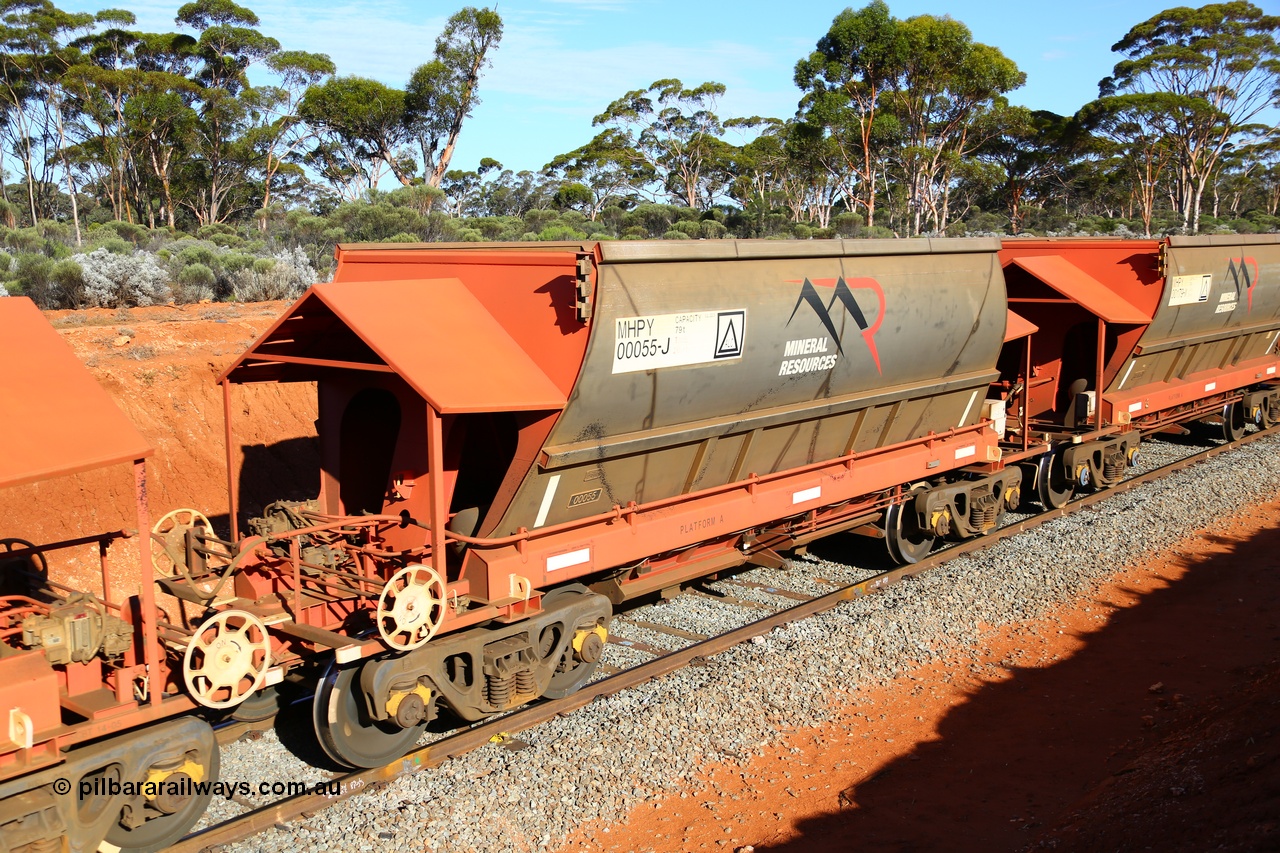 190109 1672
Binduli, Mineral Resources Ltd empty iron ore train 4030 with MRL's MHPY type iron ore waggon MHPY 00055 built by CSR Yangtze Co China serial 2014/382-55 in 2014 as a batch of 382 units, these bottom discharge hopper waggons are operated in 'married' pairs.
Keywords: MHPY-type;MHPY00055;2014/382-55;CSR-Yangtze-Rolling-Stock-Co-China;