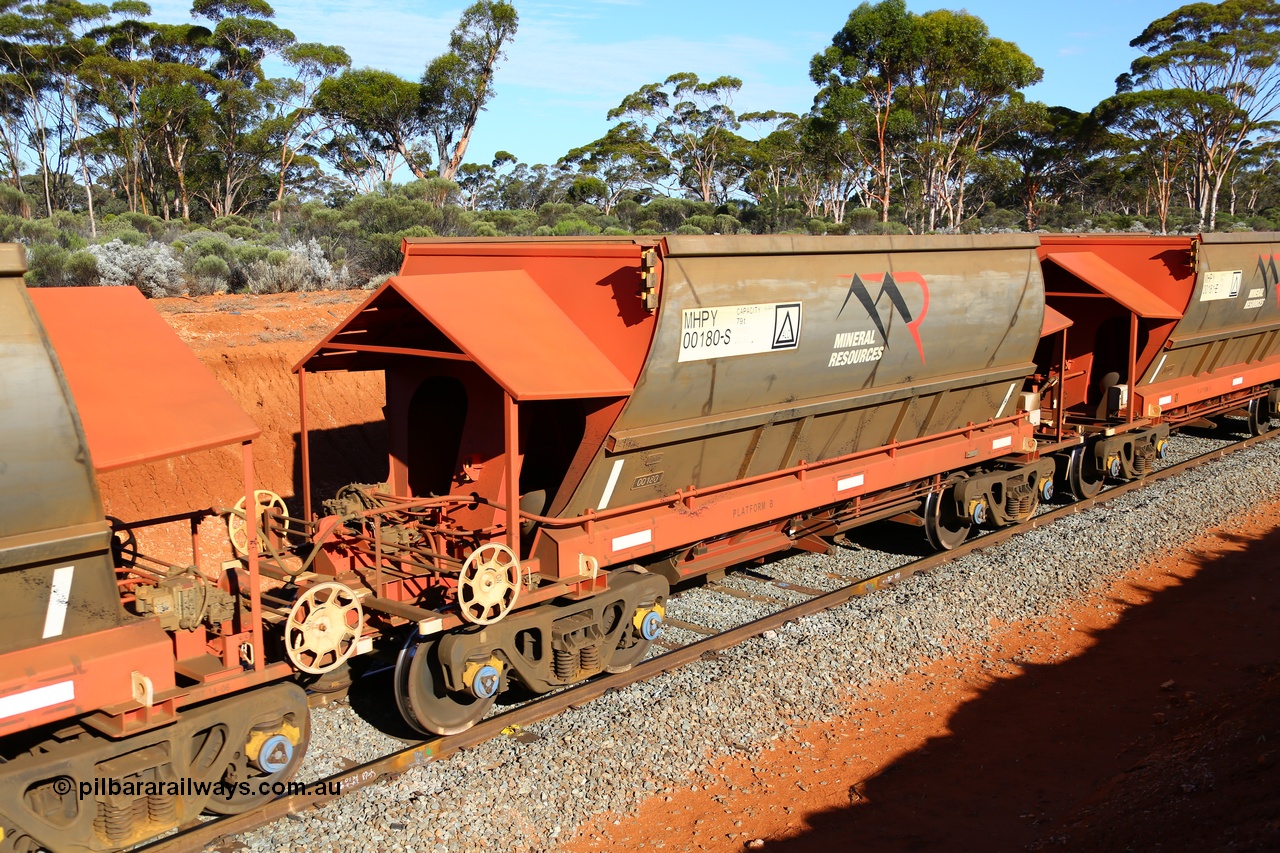 190109 1674
Binduli, Mineral Resources Ltd empty iron ore train 4030 with MRL's MHPY type iron ore waggon MHPY 00179 built by CSR Yangtze Co China serial 2014/382-179 in 2014 as a batch of 382 units, these bottom discharge hopper waggons are operated in 'married' pairs.
Keywords: MHPY-type;MHPY00180;2014/382-180;CSR-Yangtze-Rolling-Stock-Co-China;