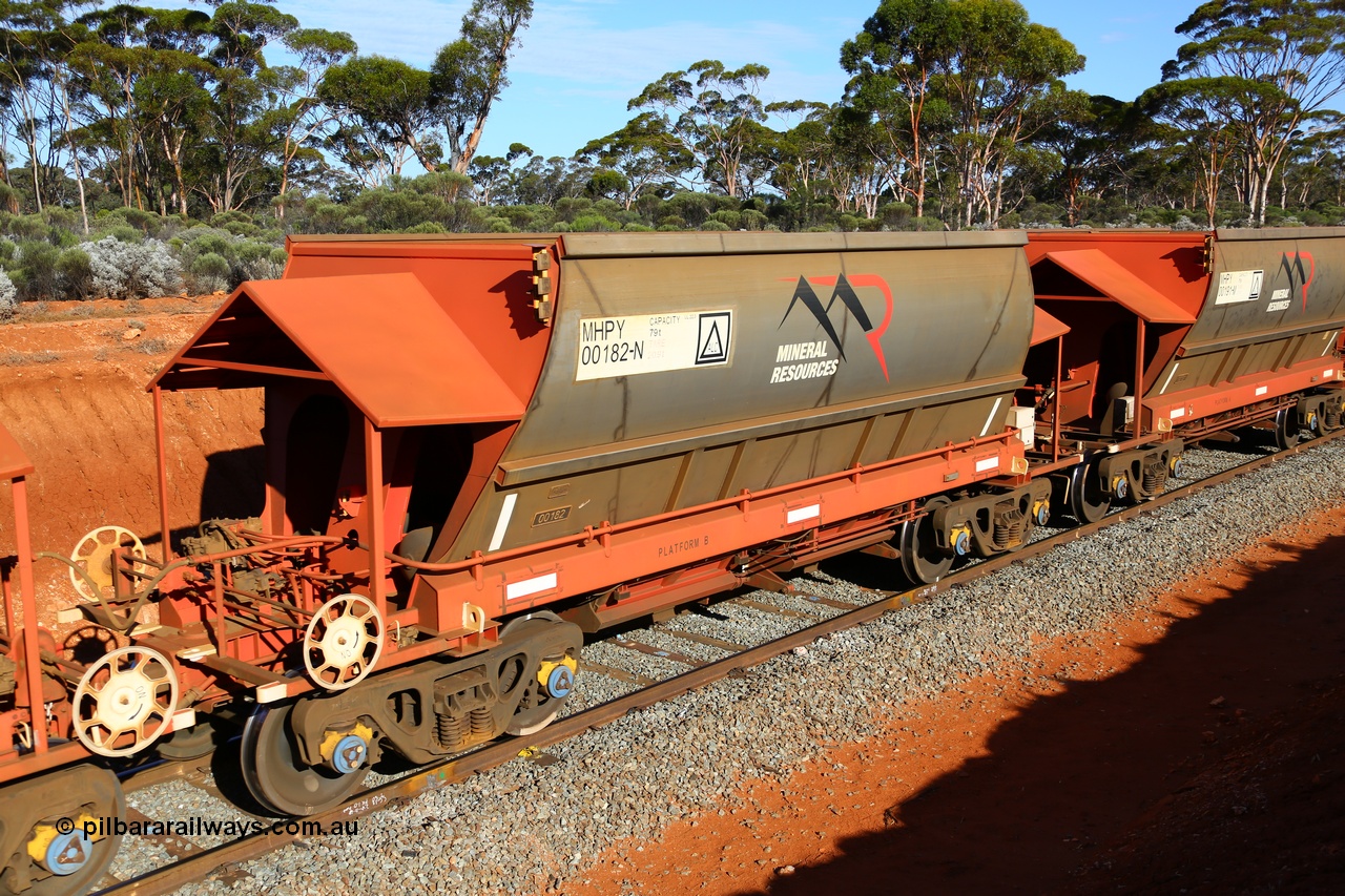 190109 1676
Binduli, Mineral Resources Ltd empty iron ore train 4030 with MRL's MHPY type iron ore waggon MHPY 00182 built by CSR Yangtze Co China serial 2014/382-182 in 2014 as a batch of 382 units, these bottom discharge hopper waggons are operated in 'married' pairs.
Keywords: MHPY-type;MHPY00182;2014/382-182;CSR-Yangtze-Rolling-Stock-Co-China;