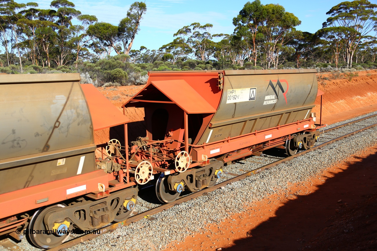 190109 1678
Binduli, Mineral Resources Ltd empty iron ore train 4030 with MRL's MHPY type iron ore waggon MHPY 00192 built by CSR Yangtze Co China serial 2014/382-192 in 2014 as a batch of 382 units, these bottom discharge hopper waggons are operated in 'married' pairs.
Keywords: MHPY-type;MHPY00192;2014/382-192;CSR-Yangtze-Co-China;