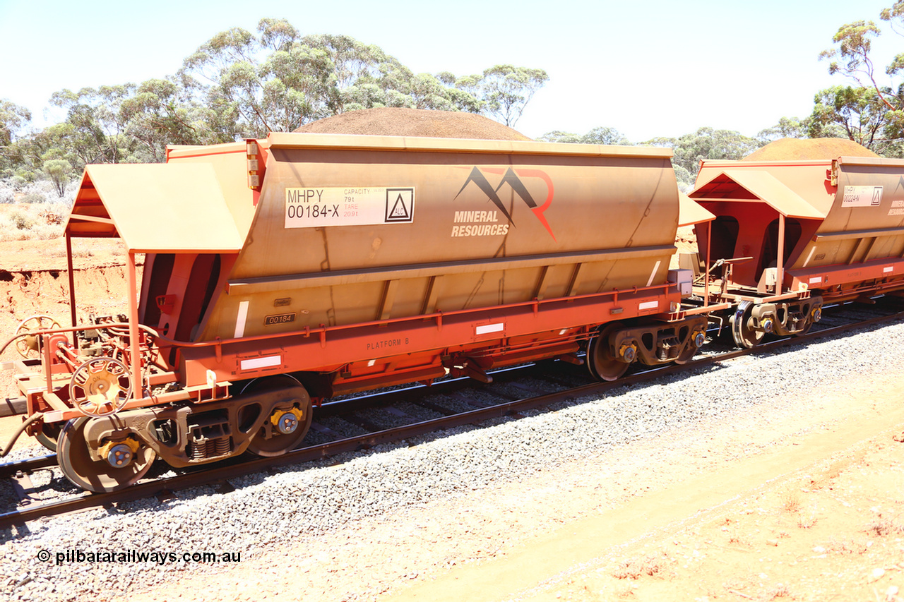190129 4268
Binduli, on Mineral Resources Ltd loaded iron ore train service from Koolyanobbing to Esperance #3033 with MRL's MHPY type iron ore waggon MHPY 00184 built by CSR Yangtze Co China serial 2014/382-184 in 2014 as a batch of 382 units, these bottom discharge hopper waggons are operated in 'married' pairs.
Keywords: MHPY-type;MHPY00184;2014/382-184;CSR-Yangtze-Co-China;