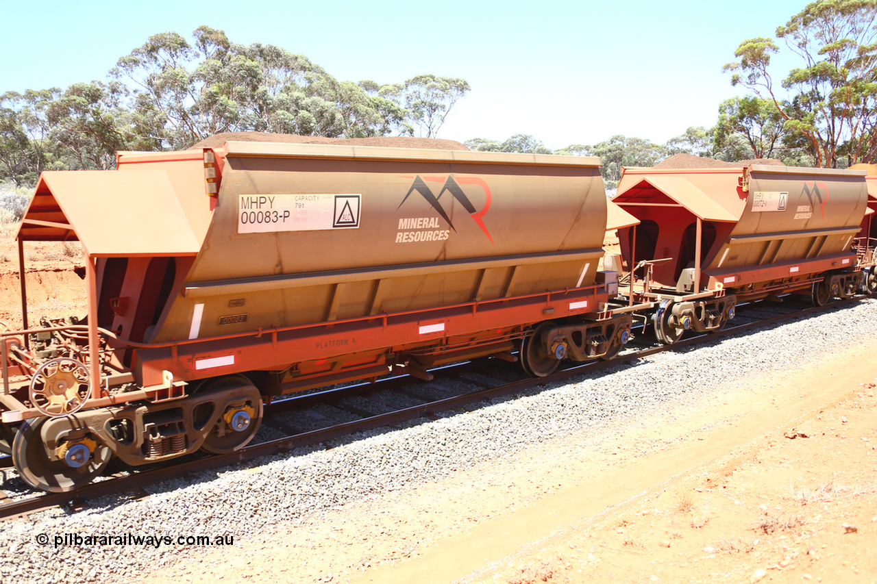 190129 4316
Binduli, on Mineral Resources Ltd loaded iron ore train service from Koolyanobbing to Esperance #3033 with MRL's MHPY type iron ore waggon MHPY 00083 built by CSR Yangtze Co China serial 2014/382-83 in 2014 as a batch of 382 units, these bottom discharge hopper waggons are operated in 'married' pairs.
Keywords: MHPY-type;MHPY00083;2014/382-83;CSR-Yangtze-Co-China;
