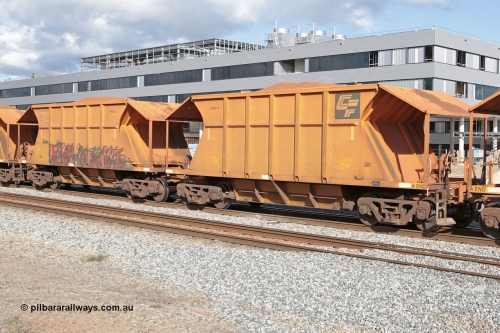 140601 4621
Midland, loaded iron ore train #1030 heading to Kwinana, CFCLA leased CHEY type waggon CHEY 8040 one pair of 120 bar coupled pairs built by Bluebird Rail Operations SA in 2011-12. June 1, 2014.
Keywords: CHEY-type;CHEY8040;Bluebird-Rail-Operations-SA;2011/120-40;