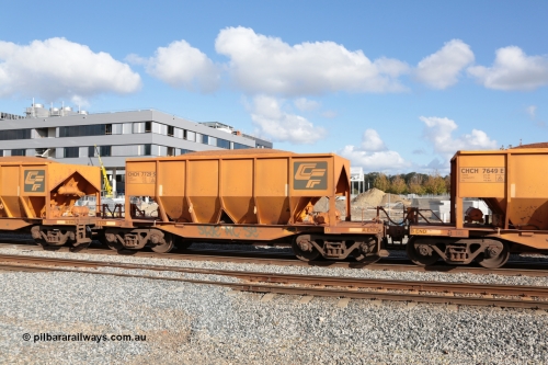 140601 4665
Midland, loaded iron ore train #1030 heading to Kwinana, CFCLA leased CHCH type waggon CHCH 7729 these waggons were rebuilt between 2010 and 2012 by Bluebird Rail Operations SA from former Goldsworthy Mining hopper waggons originally built by Tomlinson WA and Scotts of Ipswich Qld back in the 60's to early 80's. June 1, 2014.
Keywords: CHCH-type;CHCH7729;Bluebird-Rail-Operations-SA;2010/201-129;