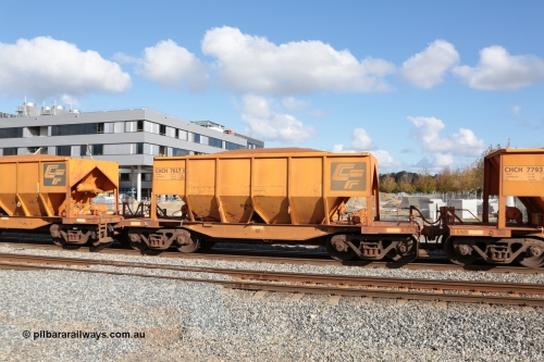 140601 4672
Midland, loaded iron ore train #1030 heading to Kwinana, CFCLA leased CHCH type waggon CHCH 7617 these waggons were rebuilt between 2010 and 2012 by Bluebird Rail Operations SA from former Goldsworthy Mining hopper waggons originally built by Tomlinson WA and Scotts of Ipswich Qld back in the 60's to early 80's. 1st June 2014.
Keywords: CHCH-type;CHCH7617;Bluebird-Rail-Operations-SA;2010/201-17;