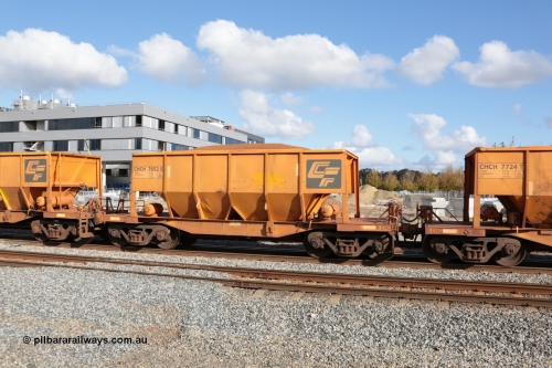 140601 4679
Midland, loaded iron ore train #1030 heading to Kwinana, CFCLA leased CHCH type waggon CHCH 7652 these waggons were rebuilt between 2010 and 2012 by Bluebird Rail Operations SA from former Goldsworthy Mining hopper waggons originally built by Tomlinson WA and Scotts of Ipswich Qld back in the 60's to early 80's. June 1, 2014.
Keywords: CHCH-type;CHCH7652;Bluebird-Rail-Operations-SA;2010/201-52;