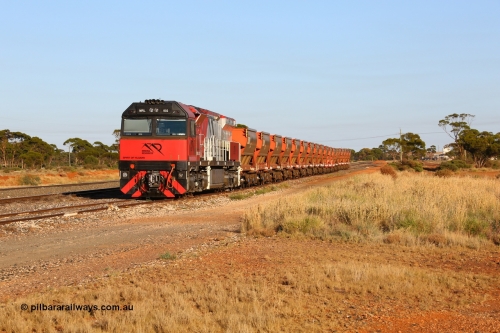 190107 0317
Parkeston, Mineral Resources MRL class loco MRL 002 'Spirit of Yilgarn' with serial R-0113-03/14-505 a UGL Rail Broadmeadow NSW built GE model C44ACi in 2014 stands in the Engineers Siding with a string of eighteen, or nine pairs of MHPY bottom discharge hopper waggons awaiting transfer over to West Kalgoorlie.
Keywords: MRL-class;MRL002;UGL-Rail-NSW;GE;C44ACi;R-0113-03/14-505;