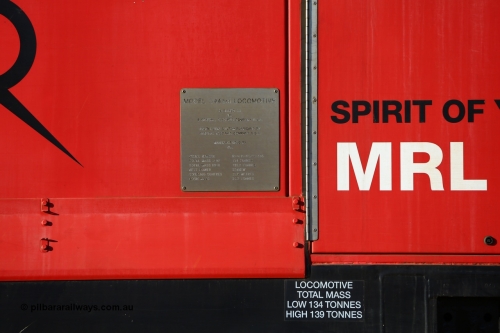 190107 0343
Parkeston, builders plate of Mineral Resources MRL class loco MRL 002 'Spirit of Yilgarn' with serial R-0113-03/14-505 a UGL Rail Broadmeadow NSW built GE model C44ACi in 2014 stands in the Engineers Siding.
Keywords: MRL-class;MRL002;UGL-Rail-NSW;GE;C44ACi;R-0113-03/14-505;