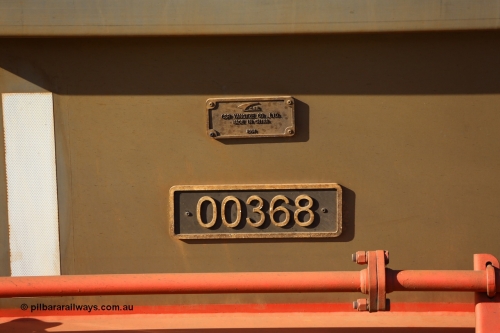 190107 0429
Parkeston, Mineral Resources Ltd builders plate of MHPY type iron ore waggon MHPY 00368 built by CSR Yangtze Co China in 2014 as a batch of 382 units.
Keywords: MHPY-type;MHPY00368;2014/382-368;CSR-Yangtze-Rolling-Stock-Co-China;