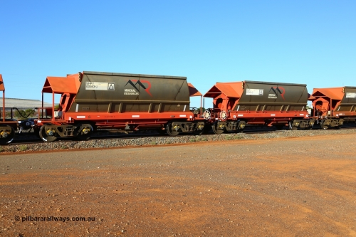 190107 0438
Parkeston, Mineral Resources Ltd MHPY type iron ore waggon MHPY 00363 built by CSR Yangtze Co China in 2014 as a batch of 382 units, these bottom discharge hopper waggons are operated in 'married' pairs.
Keywords: MHPY-type;MHPY00363;2014/382-363;CSR-Yangtze-Rolling-Stock-Co-China;