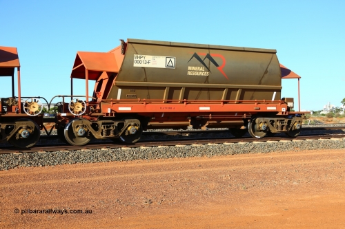 190107 0448
Parkeston, Mineral Resources Ltd MHPY type iron ore waggon MHPY 00013 built by CSR Yangtze Co China in 2014 as a batch of 382 units, these bottom discharge hopper waggons are operated in 'married' pairs.
Keywords: MHPY-type;MHPY00013;2014/382-13;CSR-Yangtze-Rolling-Stock-Co-China;