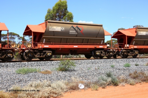 190107 0537
Binduli, on empty Mineral Resources Ltd iron ore train service from Esperance to Koolyanobbing 2034 with MRL's MHPY type iron ore waggon MHPY 00324 built by CSR Yangtze Co China serial 2014/382-324 in 2014 as a batch of 382 units, these bottom discharge hopper waggons are operated in 'married' pairs.
Keywords: MHPY-type;MHPY00324;2014/382-324;CSR-Yangtze-Rolling-Stock-Co-China;