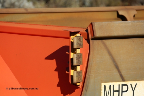 190109 1611
Binduli, Mineral Resources Ltd empty iron ore train 4030 with MRL's MHPY type iron ore waggon MHPY 00312 built by CSR Yangtze Co China serial 2014/382-312 in 2014 as a batch of 382 units, these bottom discharge hopper waggons are operated in 'married' pairs.
Keywords: MHPY-type;MHPY00312;2014/382-312;CSR-Yangtze-Rolling-Stock-Co-China;