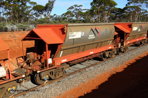 190109 1637
Binduli, Mineral Resources Ltd empty iron ore train 4030 with MRL's MHPY type iron ore waggon MHPY 00365 built by CSR Yangtze Co China serial 2014/382-365 in 2014 as a batch of 382 units, these bottom discharge hopper waggons are operated in 'married' pairs.
Keywords: MHPY-type;MHPY00365;2014/382-365;CSR-Yangtze-Rolling-Stock-Co-China;