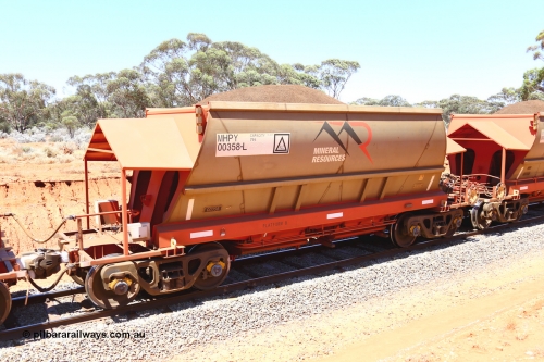 190129 4257
Binduli, on Mineral Resources Ltd loaded iron ore train service from Koolyanobbing to Esperance #3033 with MRL's MHPY type iron ore waggon MHPY 00358 built by CSR Yangtze Co China serial 2014/382-358 in 2014 as a batch of 382 units, these bottom discharge hopper waggons are operated in 'married' pairs.
Keywords: MHPY-type;MHPY00358;2014/382-358;CSR-Yangtze-Co-China;