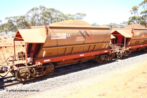 190129 4277
Binduli, on Mineral Resources Ltd loaded iron ore train service from Koolyanobbing to Esperance #3033 with MRL's MHPY type iron ore waggon MHPY 00160 built by CSR Yangtze Co China serial 2014/382-160 in 2014 as a batch of 382 units, these bottom discharge hopper waggons are operated in 'married' pairs.
Keywords: MHPY-type;MHPY00160;2014/382-160;CSR-Yangtze-Co-China;