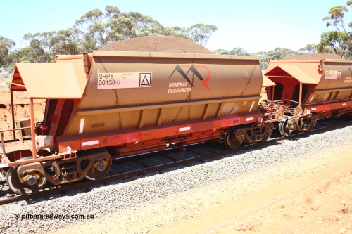 190129 4285
Binduli, on Mineral Resources Ltd loaded iron ore train service from Koolyanobbing to Esperance #3033 with MRL's MHPY type iron ore waggon MHPY 00158 built by CSR Yangtze Co China serial 2014/382-158 in 2014 as a batch of 382 units, these bottom discharge hopper waggons are operated in 'married' pairs.
Keywords: MHPY-type;MHPY00158;2014/382-158;CSR-Yangtze-Co-China;