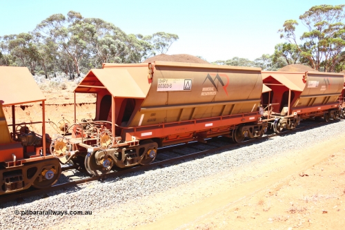 190129 4328
Binduli, on Mineral Resources Ltd loaded iron ore train service from Koolyanobbing to Esperance #3033 with MRL's MHPY type iron ore waggon MHPY 00303 built by CSR Yangtze Co China serial 2014/382-303 in 2014 as a batch of 382 units, these bottom discharge hopper waggons are operated in 'married' pairs.
Keywords: MHPY-type;MHPY00303;2014/382-303;CSR-Yangtze-Co-China;