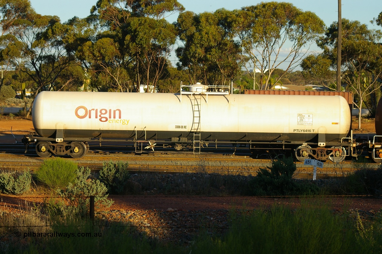 120510 IMG P10168
West Kalgoorlie, PTLY type gas tank waggon PTLY 6416. Built by Comeng NSW in 1985 as NTHF type NTHF 416, 76,000 litre gas tank for Boral Gas, recoded to ATLY in 1996. Peter Donaghy image.
Keywords: Peter-D-Image;PTLY-type;PTLY6416;Comeng-NSW;NTHF-type;NTHF416;ATLY-type;