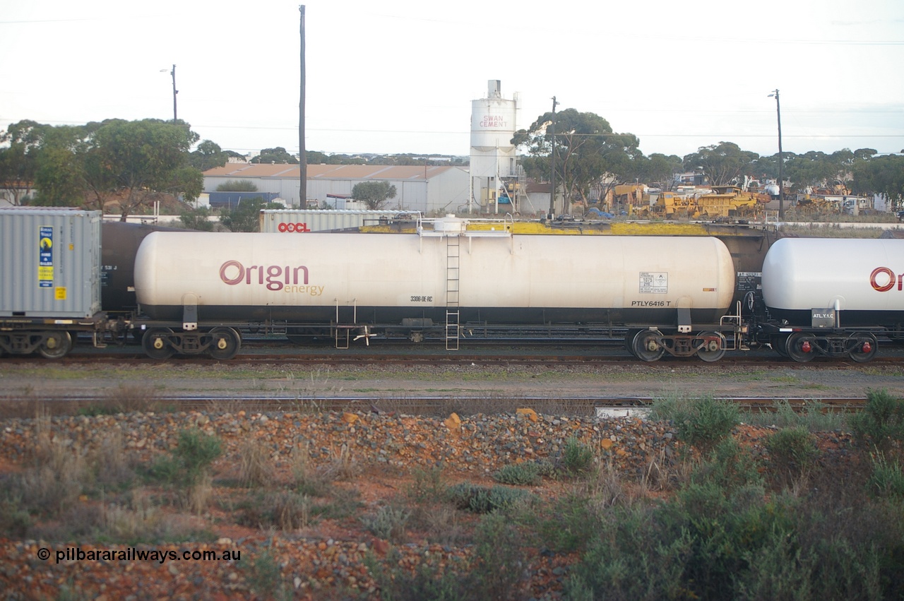 120511 IMG P10173
West Kalgoorlie, PTLY type gas tank waggon PTLY 6416. Built by Comeng NSW in 1985 as NTHF type NTHF 416, 76,000 litre gas tank for Boral Gas, recoded to ATLY in 1996. Peter Donaghy image.
Keywords: Peter-D-Image;PTLY-type;PTLY6416;Comeng-NSW;NTHF-type;ATLY-type;