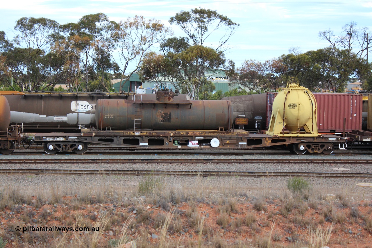 131024 IMG 0648
West Kalgoorlie, AZWY 30373 'Sputnik' loco oil and sand waggon, originally built as an WFX type flat waggon by Tomlinson Steel in a batch of one hundred and sixty one in 1969-70. Recoded to WQCX type in 1980 and to WSP type waste oil and sand waggon in 1986. Peter Donaghy image.
Keywords: Peter-D-Image;AZWY-type;AZWY30373;Tomlinson-Steel-WA;WFX-type;WQCX-type;WSP-type;