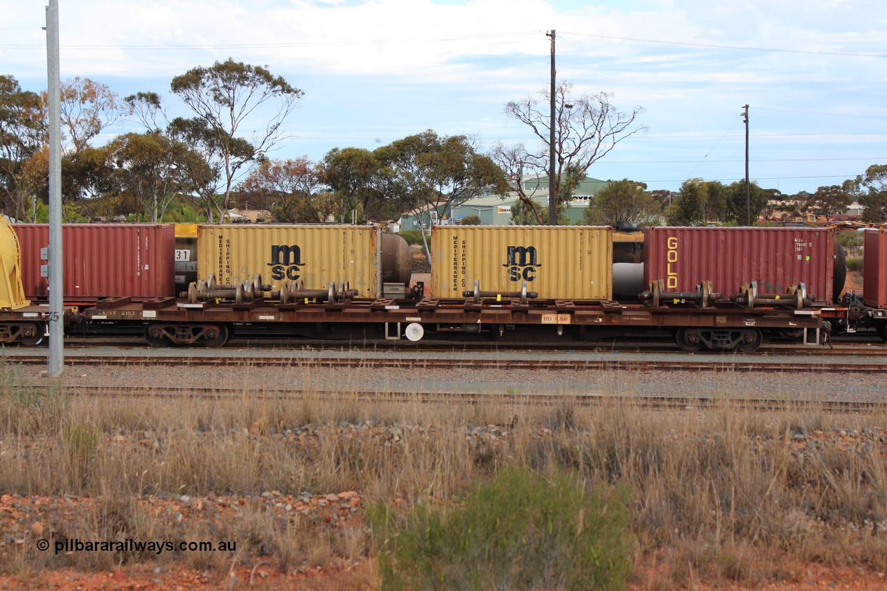 131024 IMG 0650
West Kalgoorlie, AZVY type departmental wheel set carrier waggon AZVY 4193, built by Transfield WA 1976 for Commonwealth Railways as one of two hundred GOX type open waggons, recoded to AOOX, in 1993 to AOSX type. In service with ARG as a wheel set transport waggon in West Kalgoorlie loco traffic. Peter Donaghy image.
Keywords: Peter-D-Image;AZVY-type;AZVY4193;Transfield-WA;GOX-type;AOOX-type;AOSX-type;