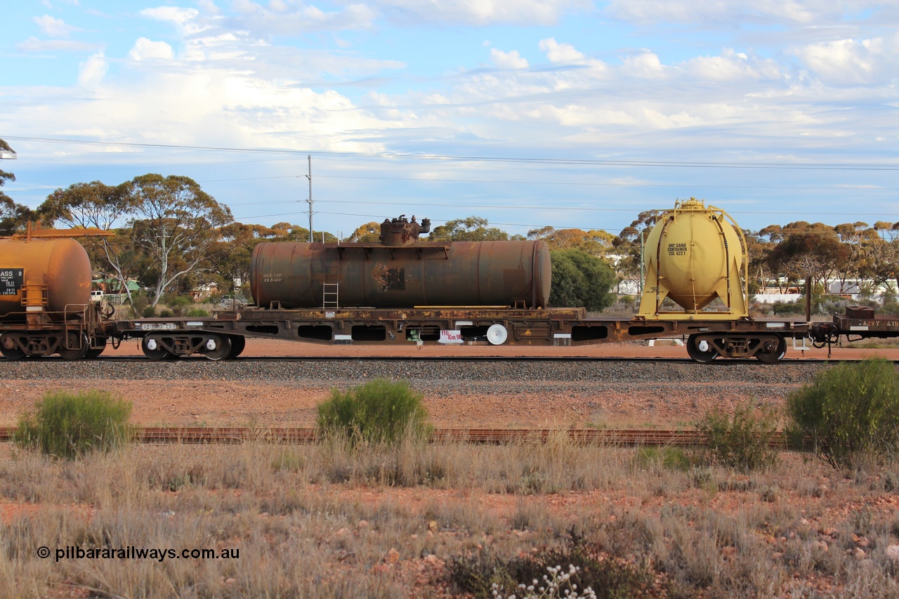 131024 IMG 0651
West Kalgoorlie, AZWY 30373 'Sputnik' loco oil and sand waggon, originally built as an WFX type flat waggon by Tomlinson Steel in a batch of one hundred and sixty one in 1969-70. Recoded to WQCX type in 1980 and to WSP type waste oil and sand waggon in 1986. Peter Donaghy image.
Keywords: Peter-D-Image;AZWY-type;AZWY30373;Tomlinson-Steel-WA;WFX-type;WQCX-type;WSP-type;