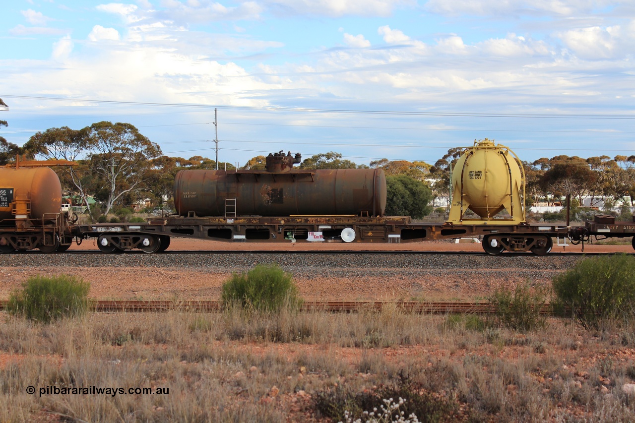 131024 IMG 0652
West Kalgoorlie, AZWY 30373 'Sputnik' loco oil and sand waggon, originally built as an WFX type flat waggon by Tomlinson Steel in a batch of one hundred and sixty one in 1969-70. Recoded to WQCX type in 1980 and to WSP type waste oil and sand waggon in 1986. Peter Donaghy image.
Keywords: Peter-D-Image;AZWY-type;AZWY30373;Tomlinson-Steel-WA;WFX-type;WQCX-type;WSP-type;