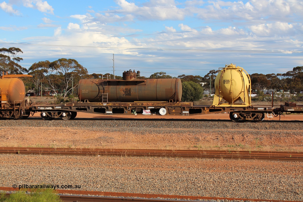 131024 IMG 0653
West Kalgoorlie, AZWY 30373 'Sputnik' loco oil and sand waggon, originally built as an WFX type flat waggon by Tomlinson Steel in a batch of one hundred and sixty one in 1969-70. Recoded to WQCX type in 1980 and to WSP type waste oil and sand waggon in 1986. Peter Donaghy image.
Keywords: Peter-D-Image;AZWY-type;AZWY30373;Tomlinson-Steel-WA;WFX-type;WQCX-type;WSP-type;