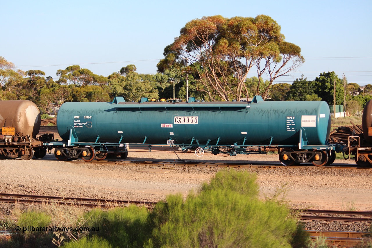 140205 IMG 1461
West Kalgoorlie, NTAY type fuel tank waggon NTAY 3356 with 64,200 litre capacity for Caltex. Refurbished by Gemco WA in Nov 2013 from a Caltex NTAF type tank waggon NTAF 356 originally built by Comeng NSW in 1974 as a CTX type CTX 356. Peter Donaghy image.
Keywords: Peter-D-Image;NTAY-type;NTAY3356;Comeng-NSW;CTX-type;CTX356;NTAF-type;