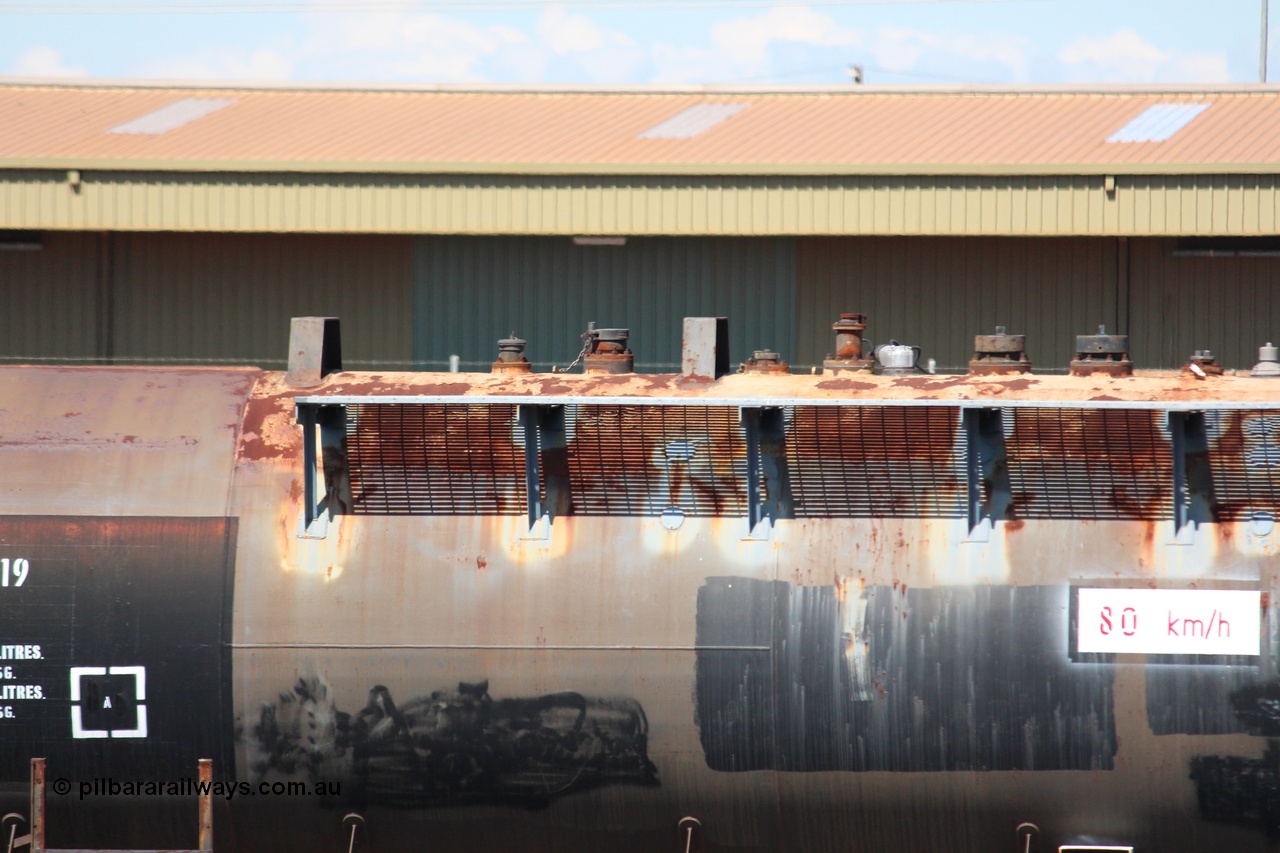 140406 IMG 1938
West Kalgoorlie, NTBF 6119 fuel tank waggon detail image, originally built by Comeng NSW in 1975 as SCA type SCA 270 69000 litre bitumen tank waggon for Shell NSW, diesel capacity of 62700 litres. Peter Donaghy image.
Keywords: Peter-D-Image;NTBF-type;NTBF6119;Comeng-NSW;SCA-type;SCA270;