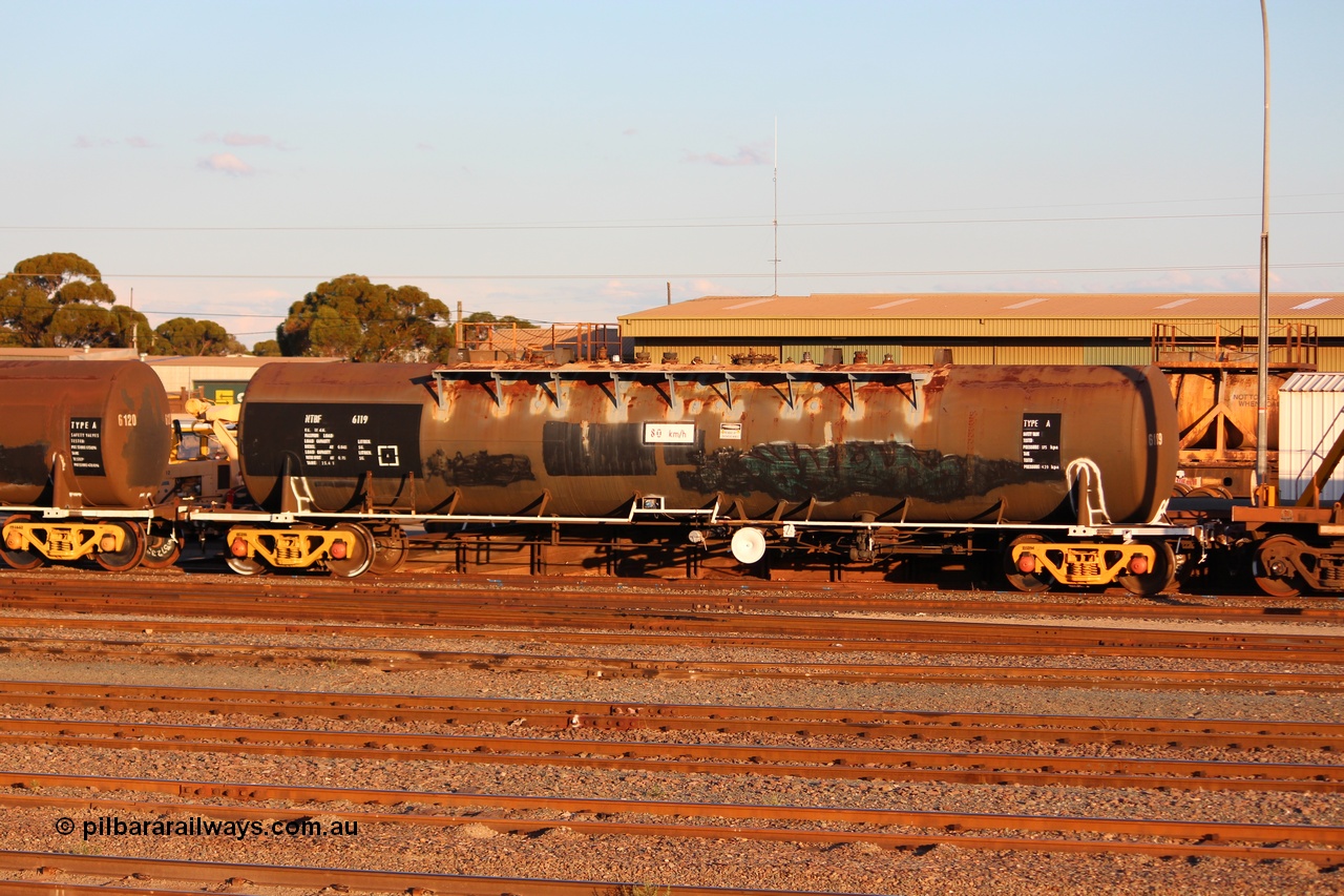 140406 IMG 1940
West Kalgoorlie, NTBF 6119 fuel tank waggon, originally built by Comeng NSW in 1975 as SCA type SCA 270 a 69,000 litre bitumen tank waggon for Shell NSW, diesel capacity of 62,700 litres. Peter Donaghy image.
Keywords: Peter-D-Image;NTBF-type;NTBF6119;Comeng-NSW;SCA-type;SCA270;
