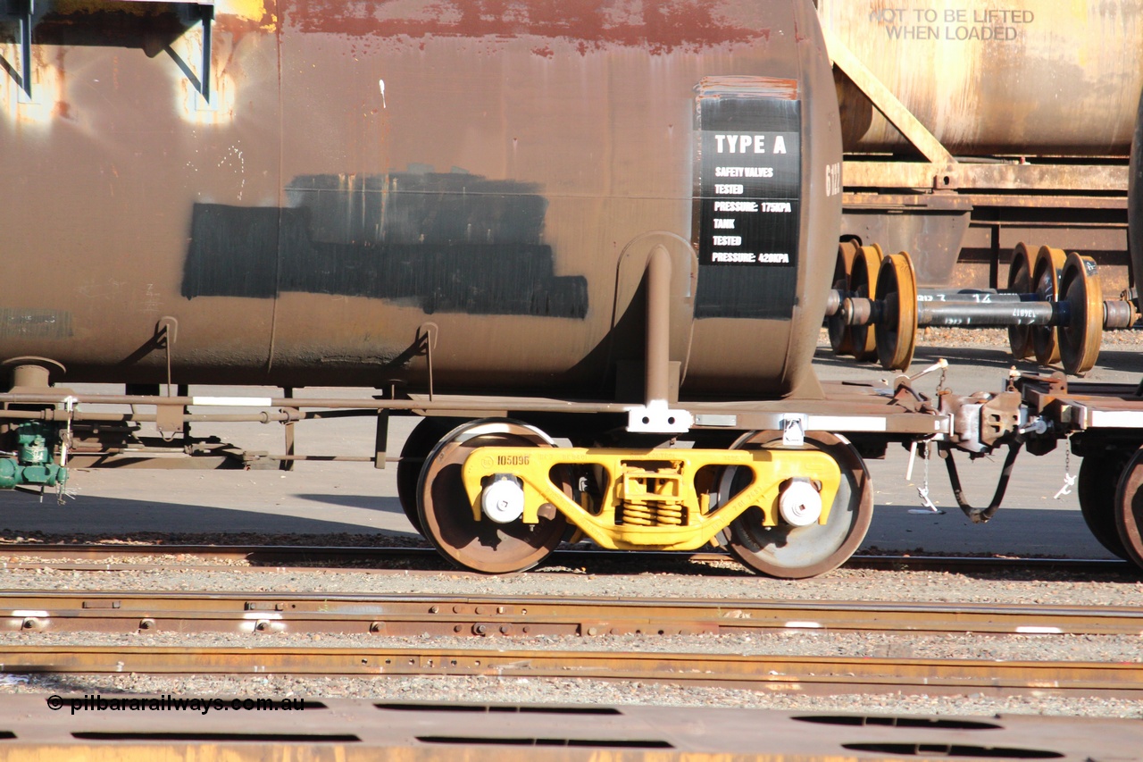 140409 IMG 1961
West Kalgoorlie, NTBF 6122 fuel tank waggon detail image, built by Comeng NSW 1975 as an SCA type bitumen tank waggon for Shell Bitumen NSW as SCA 273. Peter Donaghy image.
Keywords: Peter-D-Image;NTBF-type;NTBF6122;Comeng-NSW;SCA-type;SCA273;