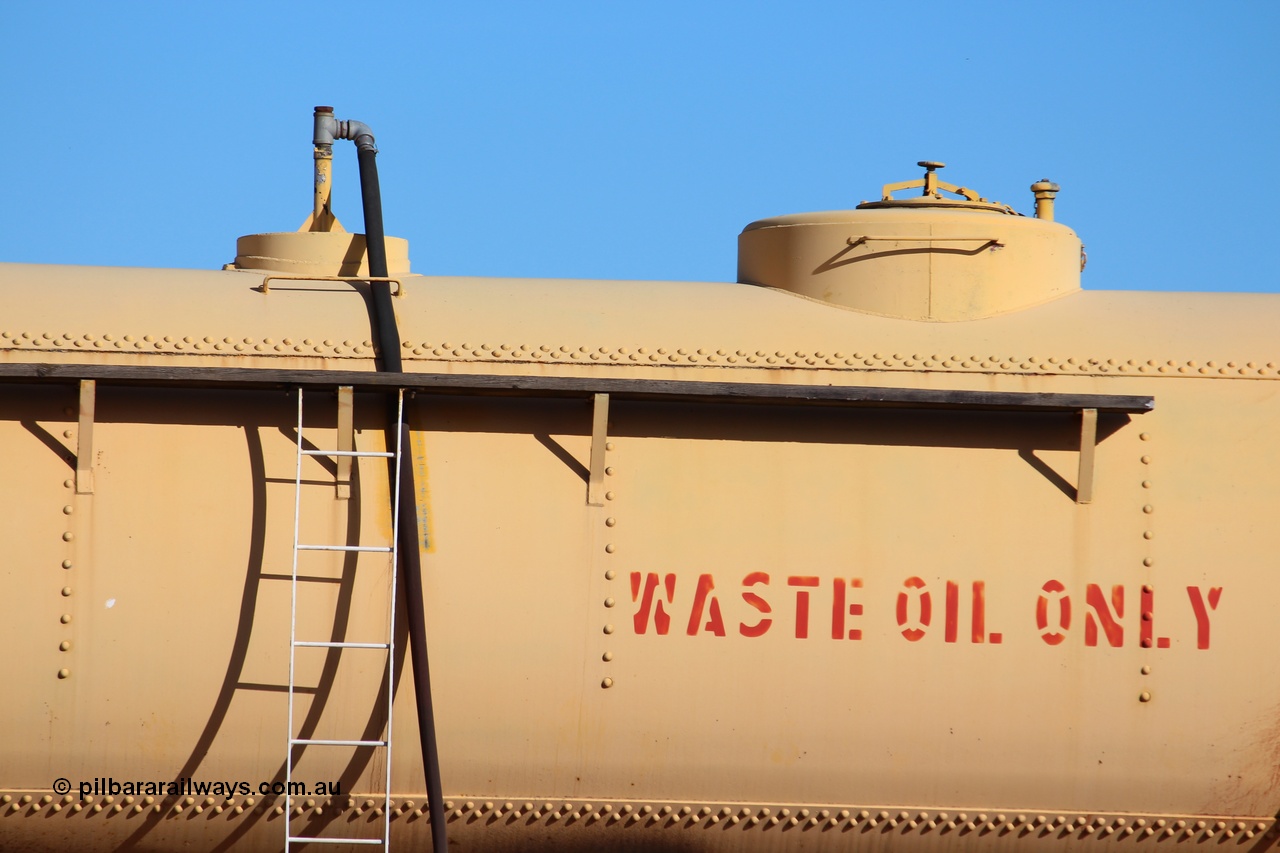 150326 IMG 4336
West Kalgoorlie, AZAY type waste oil waggon AZAY 23439, detail image, this waggon usually operates between Merredin Loco and Forrestfield, not normally seen here in the Goldfields. Peter Donaghy image.
Keywords: Peter-D-Image;AZAY-type;AZAY23439;