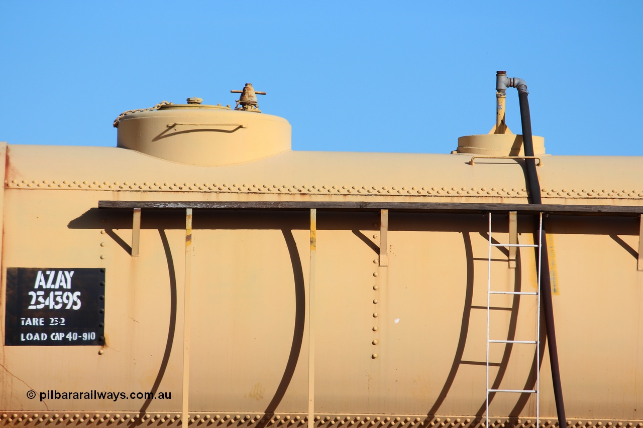 150326 IMG 4337
West Kalgoorlie, AZAY type waste oil waggon AZAY 23439, detail image, this waggon usually operates between Merredin Loco and Forrestfield, not normally seen here in the Goldfields. Peter Donaghy image.
Keywords: Peter-D-Image;AZAY-type;AZAY23439;