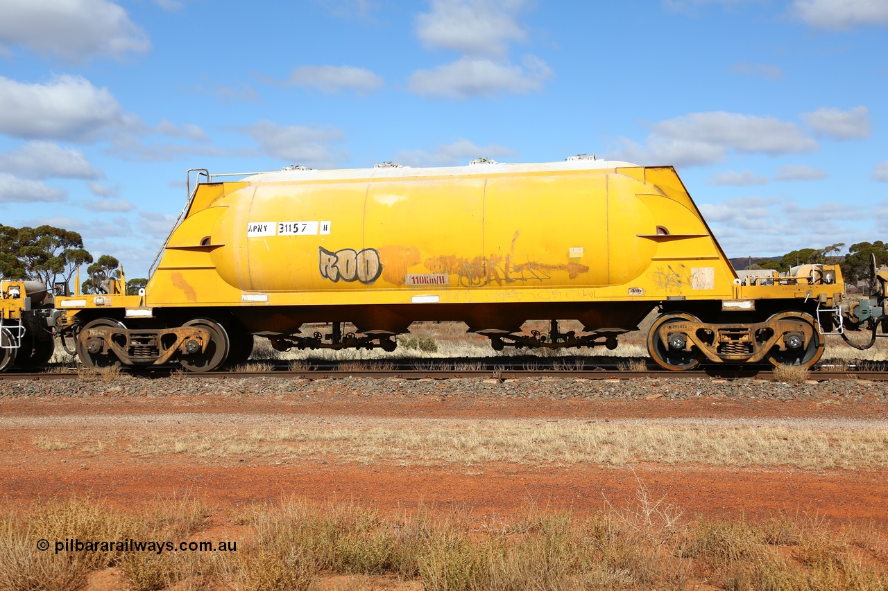 160522 2308
Parkeston, APNY 31157, one of twelve built by WAGR Midland Workshops in 1974 as WNA type pneumatic discharge nickel concentrate waggon, WAGR built and owned copies of the AE Goodwin built WN waggons for WMC.
Keywords: APNY-type;APNY31157;WAGR-Midland-WS;WNA-type;