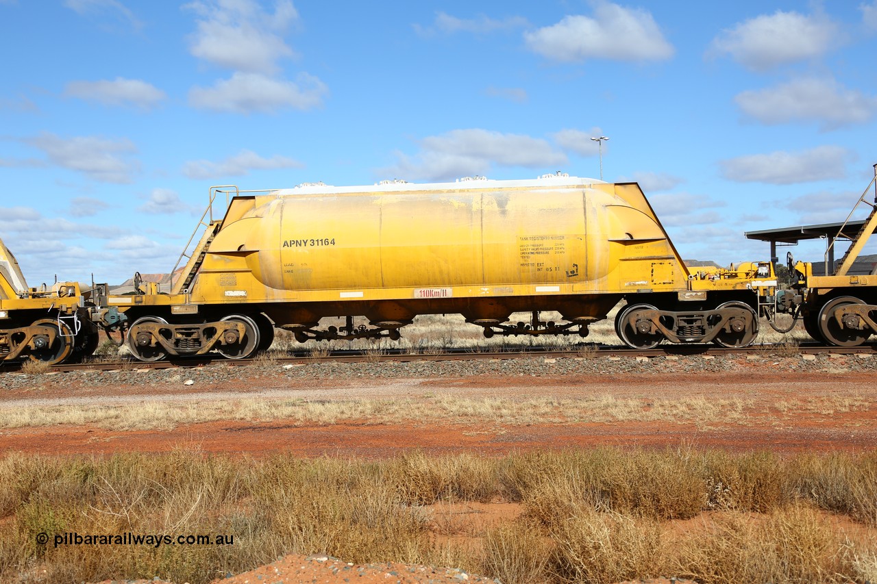 160522 2309
Parkeston, APNY 31164, one of four built by Westrail Midland Workshops in 1978 as WNA type pneumatic discharge nickel concentrate waggon, WAGR built and owned copies of the AE Goodwin built WN waggons for WMC.
Keywords: APNY-type;APNY31164;Westrail-Midland-WS;WNA-type;