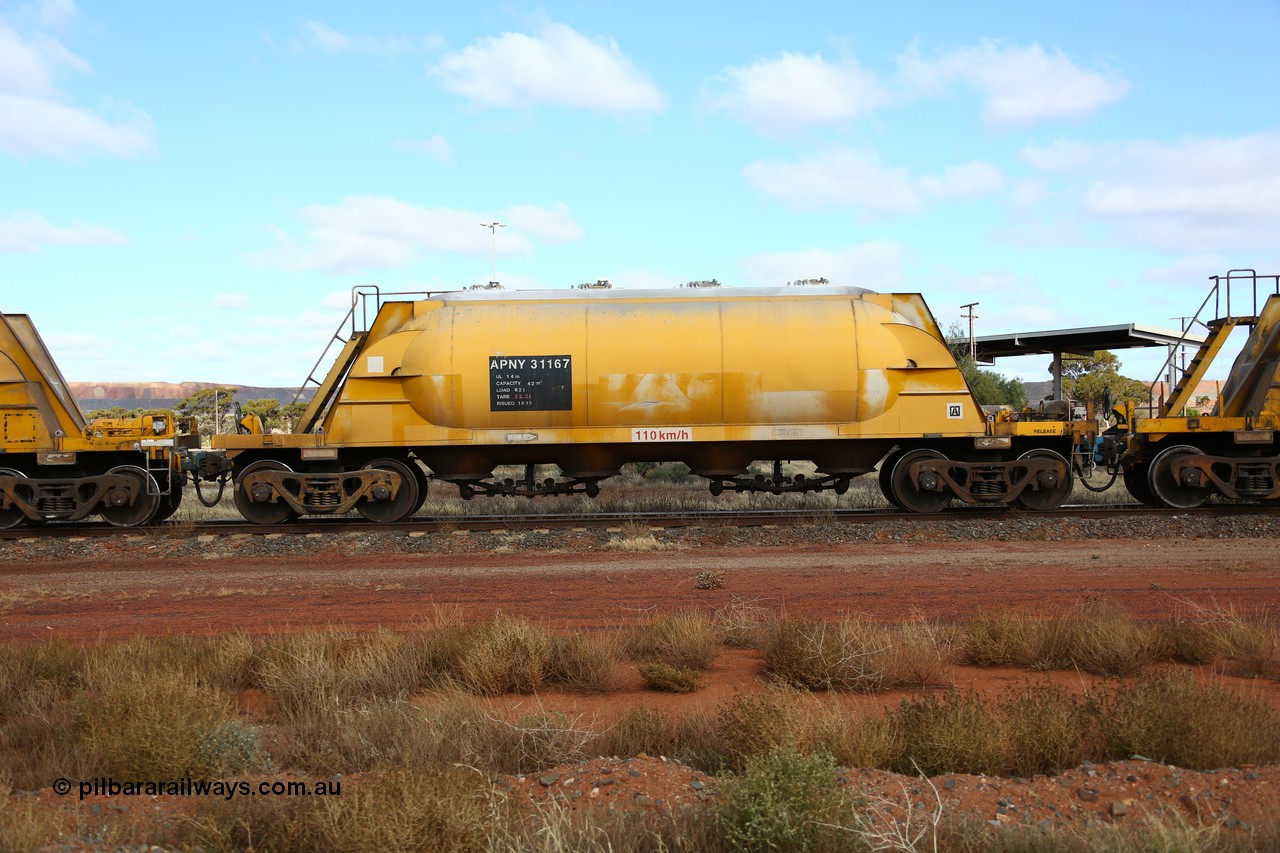 160522 2312
Parkeston, APNY 31167, one of two built by Westrail Midland Workshops in 1979 as WNA type pneumatic discharge nickel concentrate waggon, WAGR built and owned copies of the AE Goodwin built WN waggons for WMC.
Keywords: APNY-type;APNY31167;Westrail-Midland-WS;WNA-type;