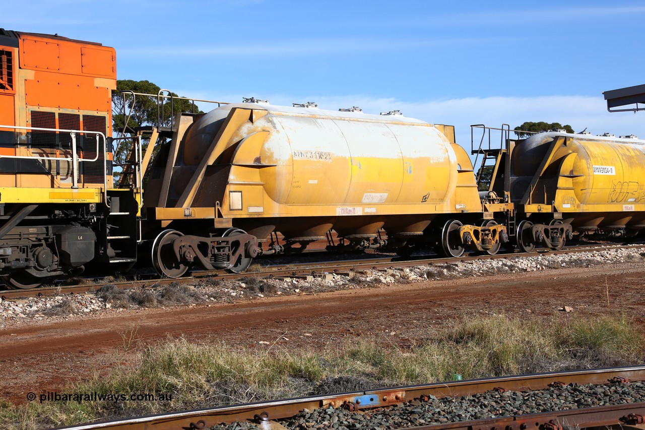 160523 2785
Parkeston, APNY 31152, one of twelve built by WAGR Midland Workshops in 1974 as WNA type pneumatic discharge nickel concentrate waggon, WAGR built and owned copies of the AE Goodwin built WN waggons for WMC.
Keywords: APNY-type;APNY31152;WAGR-Midland-WS;WNA-type;