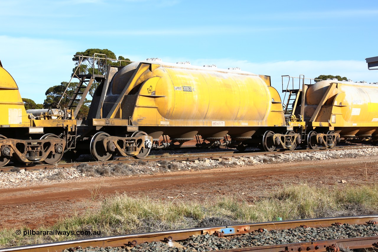 160523 2787
Parkeston, APNY 31163, one of four built by Westrail Midland Workshops in 1978 as WNA type pneumatic discharge nickel concentrate waggon, WAGR built and owned copies of the AE Goodwin built WN waggons for WMC.
Keywords: APNY-type;APNY31163;Westrail-Midland-WS;WNA-type;