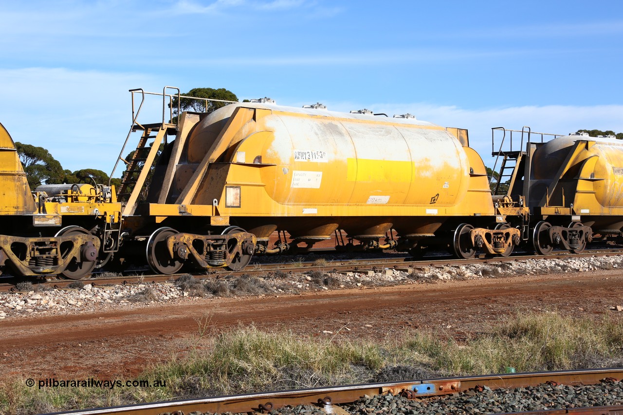 160523 2788
Parkeston, APNY 31153, one of twelve built by WAGR Midland Workshops in 1974 as WNA type pneumatic discharge nickel concentrate waggon, WAGR built and owned copies of the AE Goodwin built WN waggons for WMC.
Keywords: APNY-type;APNY31153;WAGR-Midland-WS;WNA-type;