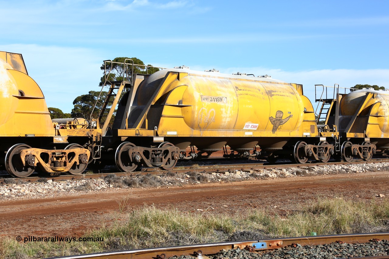 160523 2789
Parkeston, APNY 31159, one of twelve built by WAGR Midland Workshops in 1974 as WNA type pneumatic discharge nickel concentrate waggon, WAGR built and owned copies of the AE Goodwin built WN waggons for WMC.
Keywords: APNY-type;APNY31159;WAGR-Midland-WS;WNA-type;