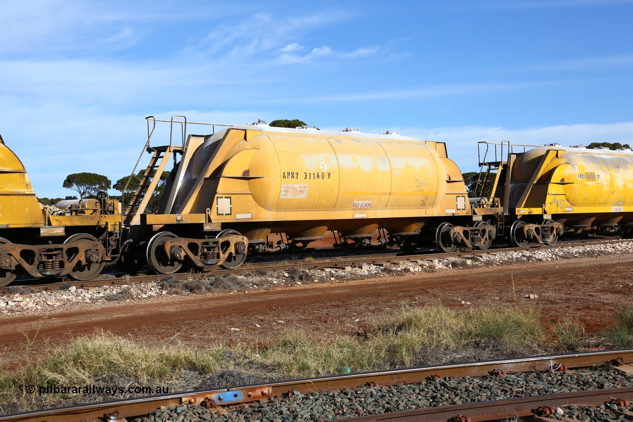 160523 2791
Parkeston, APNY 31160, one of twelve built by WAGR Midland Workshops in 1974 as WNA type pneumatic discharge nickel concentrate waggon, WAGR built and owned copies of the AE Goodwin built WN waggons for WMC.
Keywords: APNY-type;APNY31160;WAGR-Midland-WS;WNA-type;