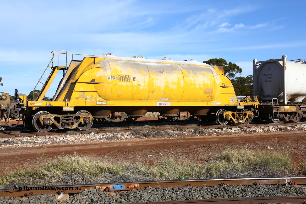 160523 2792
Parkeston, APNY 31151, type leader of twelve built by WAGR Midland Workshops in 1974 as WNA type pneumatic discharge nickel concentrate waggon, WAGR built and owned copies of the AE Goodwin built WN waggons for WMC.
Keywords: APNY-type;APNY31151;WAGR-Midland-WS;WNA-type;