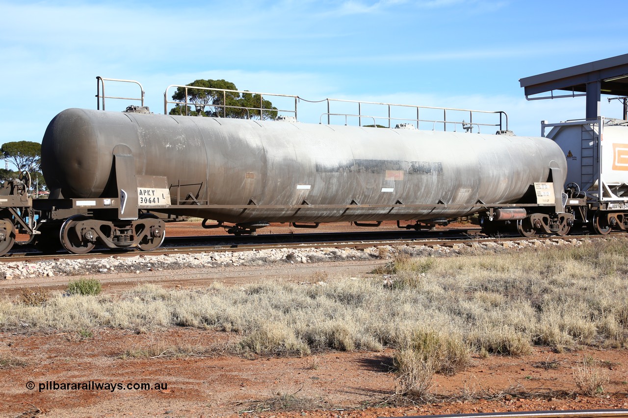 160523 2796
Parkeston, APKY 30641, type leader of two built by WAGR Midland Workshops in 1970 as WK type pneumatic discharge bulk cement waggon.
Keywords: APKY-type;APKY30641;WAGR-Midland-WS;WK-type;